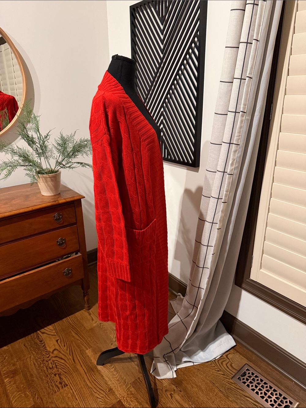 Spring 21 Bright Red Longline Open Knit cable knit Cardigan with Pockets medium - Picture 3 of 11